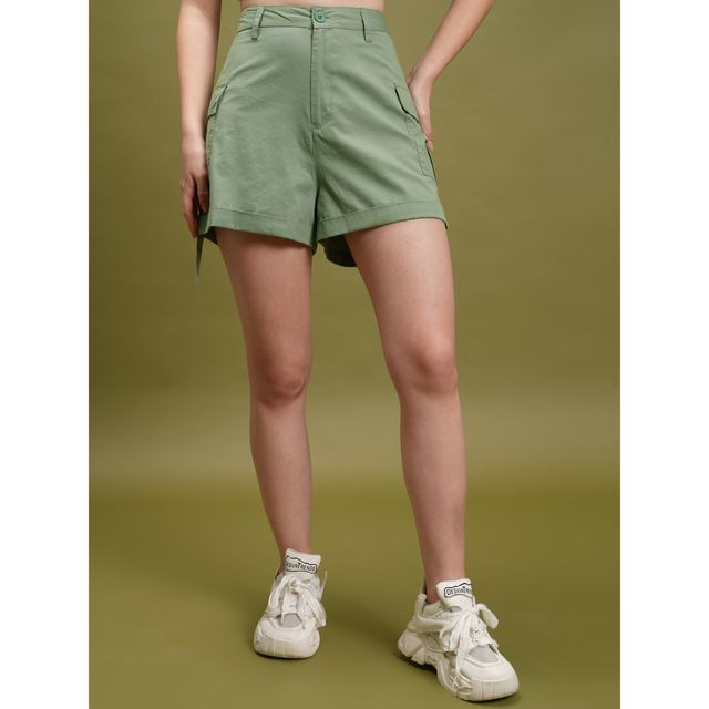 Tokyo Talkies Women's Mid Rise Cotton Shorts | Green - 30