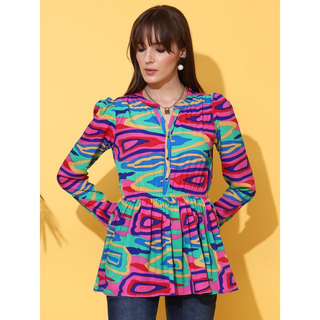Sheetal Women's Printed Mandarin Collar Crepe Longline Top | 5203 | Multicolor - M