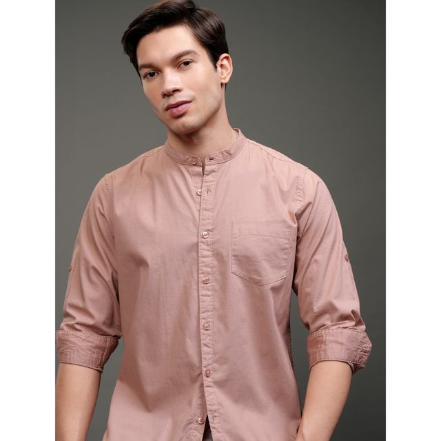 Highlander Men Solid Long Roll-Up Sleeves Slim Fit Casual Shirt | Pink | S