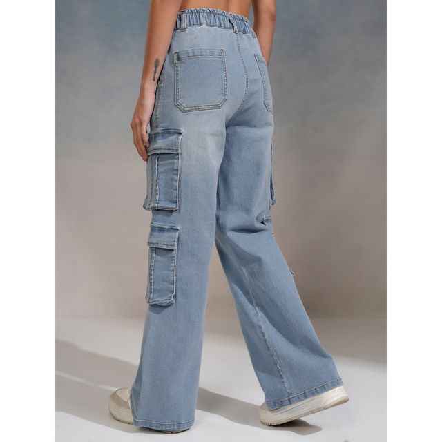Tokyo Talkies Women's Straight Fit Cargo Jeans | Blue - 34