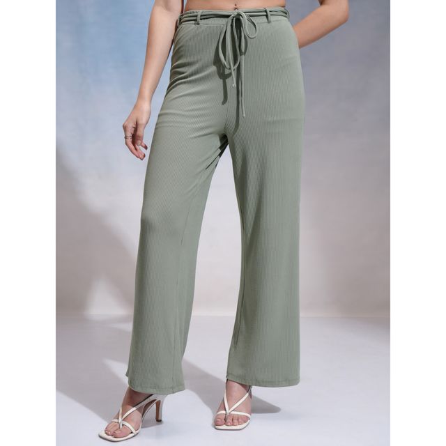 Tokyo Talkies Women's Solid Rib Calf Length Wideleg Pants | Olive - 28