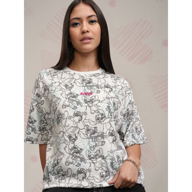 Tokyo Talkies Women's Disney Stitch Embroidered Relaxed Fit T-shirt | White - M