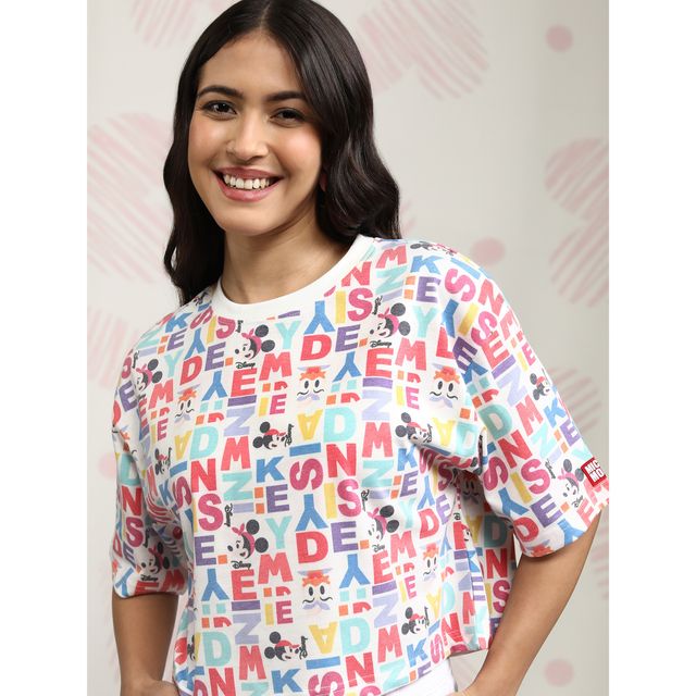 Tokyo Talkies Women's Disney Mickey & Friends Print Boxy Crop T-shirt | White - S