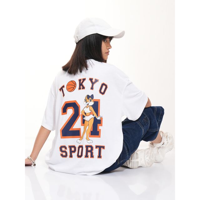 Tokyo Talkies Women's Oversized Drop Shoulder Round Neck T-shirt | White - M