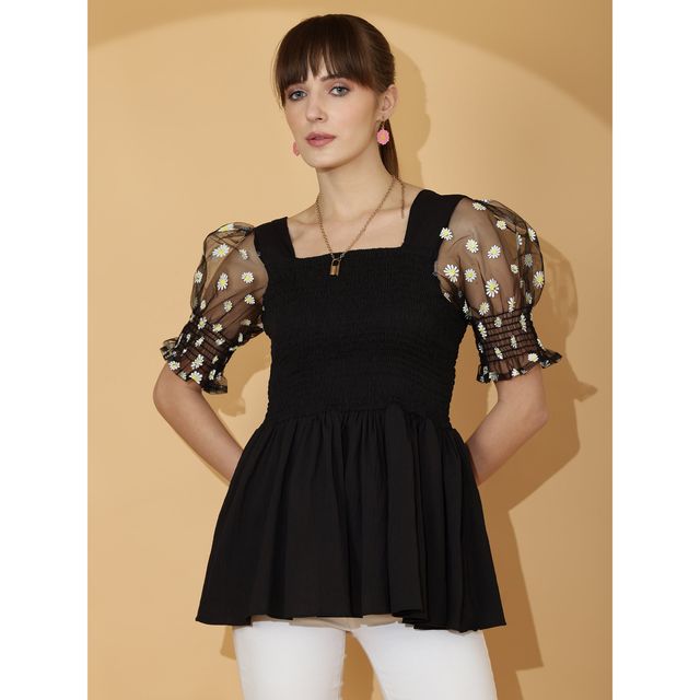 Sheetal Women's Self Design Gathered Top | 5171 | Black - S