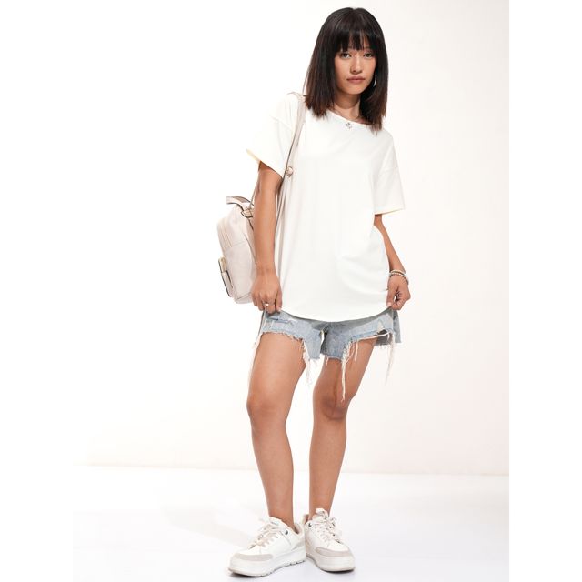 Tokyo Talkies Women's Off White Half Sleeve Long Round Neck T Shirt | White - XL