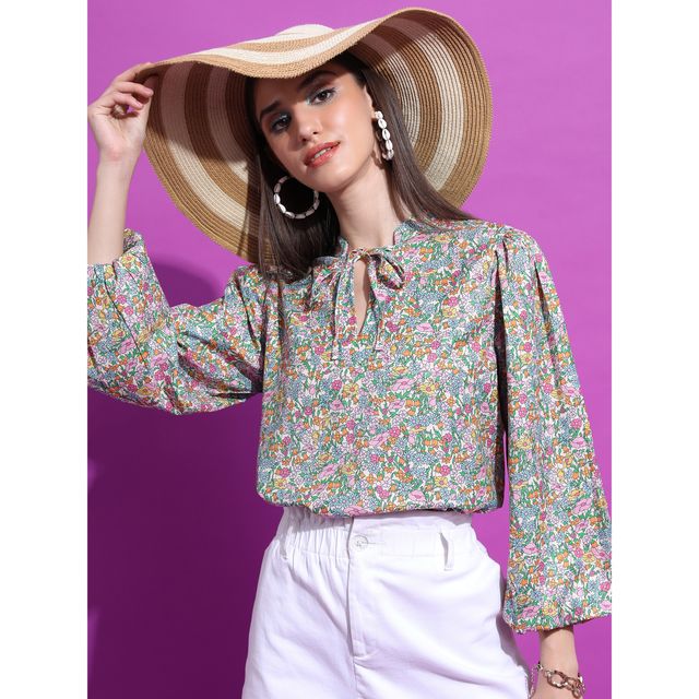 Tokyo Talkies Women's Floral Printed Tie-Up Neck Puff Sleeves Top | Multicolour - M