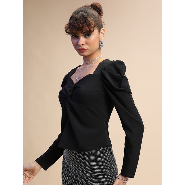 Tokyo Talkies Women's Sweetheart Neck Puff Sleeve Regular Top | Black - M