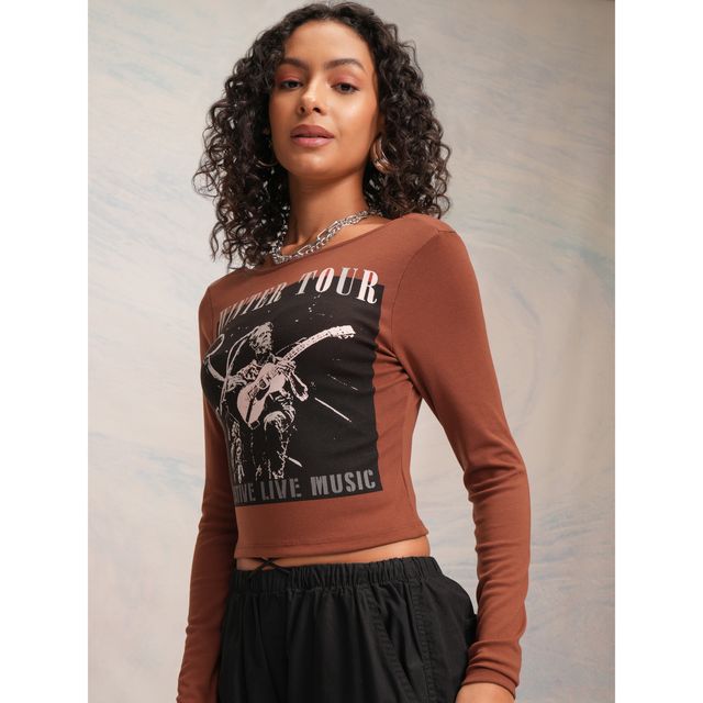 Buy Tokyo Talkies Women's Rust Printed Boat Neck Full Sleeve Crop