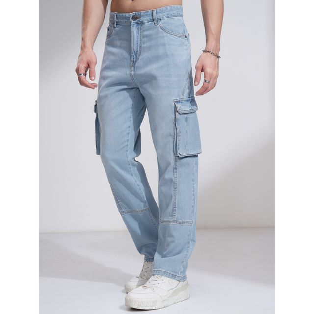 Highlander Men's Blue High Rise Straight Fit Cargo Jeans | Blue - 38