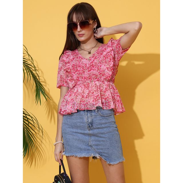 Sheetal Women's Floral Print Peplum Top | 5216 | Pink - XL