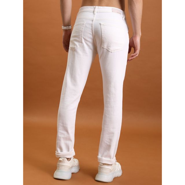 Highlander Men's Straight Fit Mid-Rise Light Shade Clean Look Stretchable Jeans | White - 30