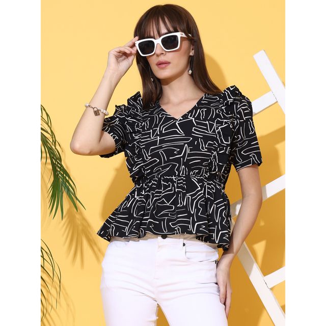 Sheetal Women's Printed Puff Sleeve Peplum Crepe Top | 5211 | Black - XL