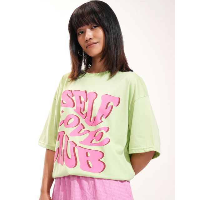 Tokyo Talkies Women's Oversized Drop Shoulder Round Neck T-shirt | Green - S