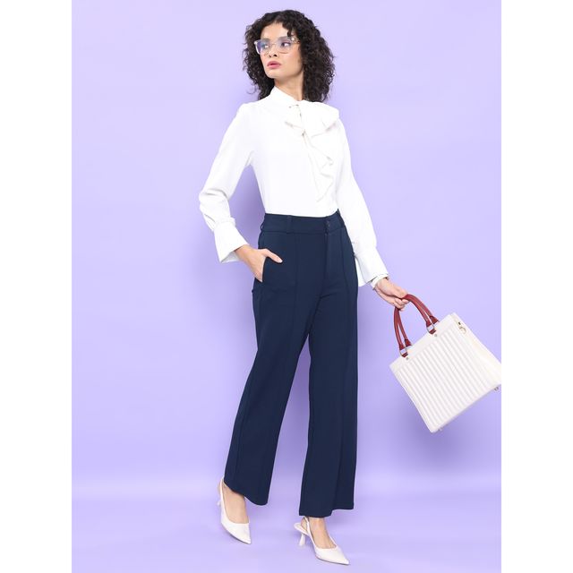 Tokyo Talkies Women's Straight Fit High-Rise Parallel Trouser | Blue - 32