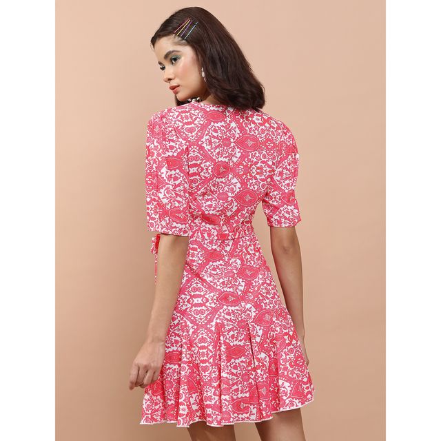 Tokyo Talkies Women's Fuchsia Floral Print A-Line Dress | Pink - M