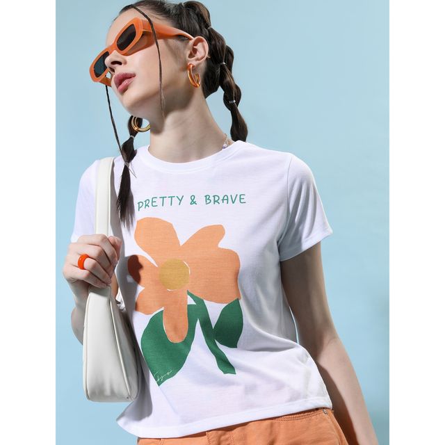 Tokyo Talkies Women's Floral Printed Round Neck T-Shirt | White - M