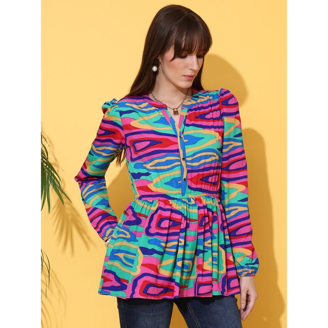 Sheetal Women's Printed Mandarin Collar Crepe Longline Top | 5203 | Multicolor - M
