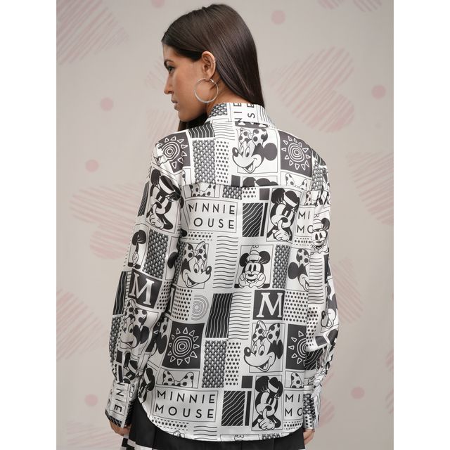 Tokyo Talkies Women's Disney Minnie Mouse Printed Satin Shirt | White & Black - XL