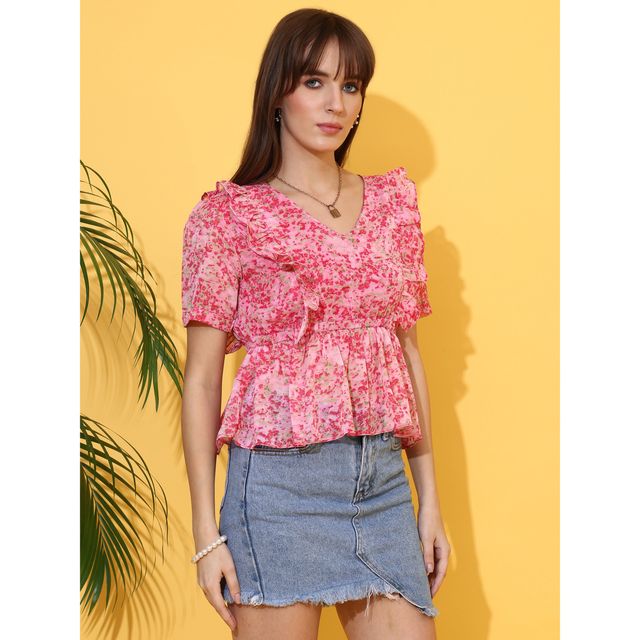 Sheetal Women's Floral Print Peplum Top | 5216 | Pink - XL