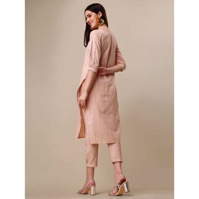 Youthnic Cotton Blend Women s Striped Work Straight Kurta With Pant | BT5 - - Rangsari Peach | M