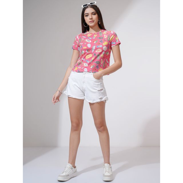 Tokyo Talkies Women's Printed Short Sleeve Cropped Tshirt | Multicolour - S