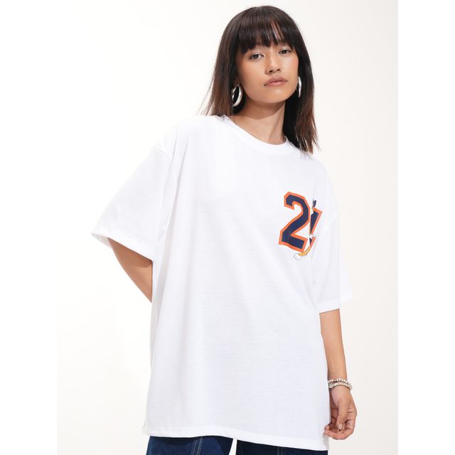 Tokyo Talkies Women's Oversized Drop Shoulder Round Neck T-shirt | White - M