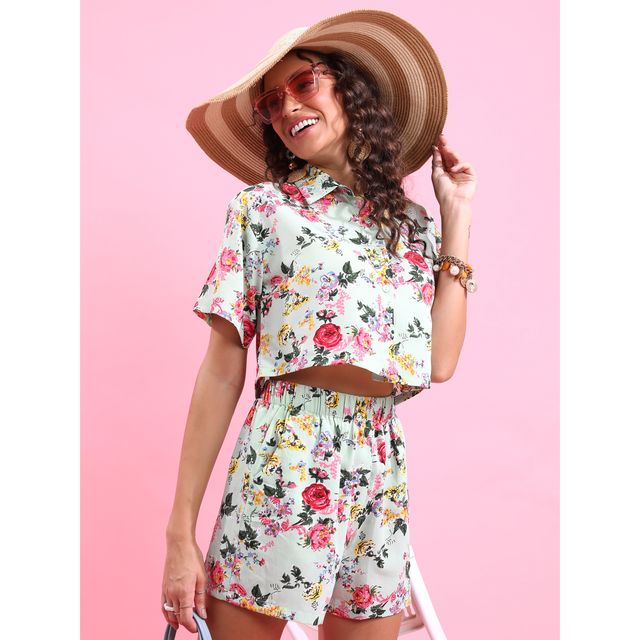 Tokyo Talkies Women's Floral Printed Shirt with Shorts | Green - S