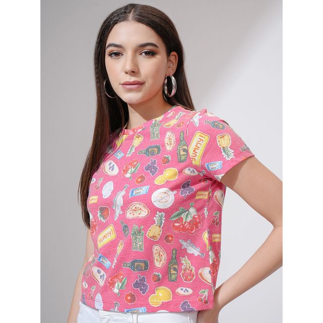 Tokyo Talkies Women's Printed Short Sleeve Cropped Tshirt | Multicolour - S