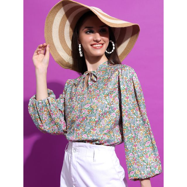 Tokyo Talkies Women's Floral Printed Tie-Up Neck Puff Sleeves Top | Multicolour - M