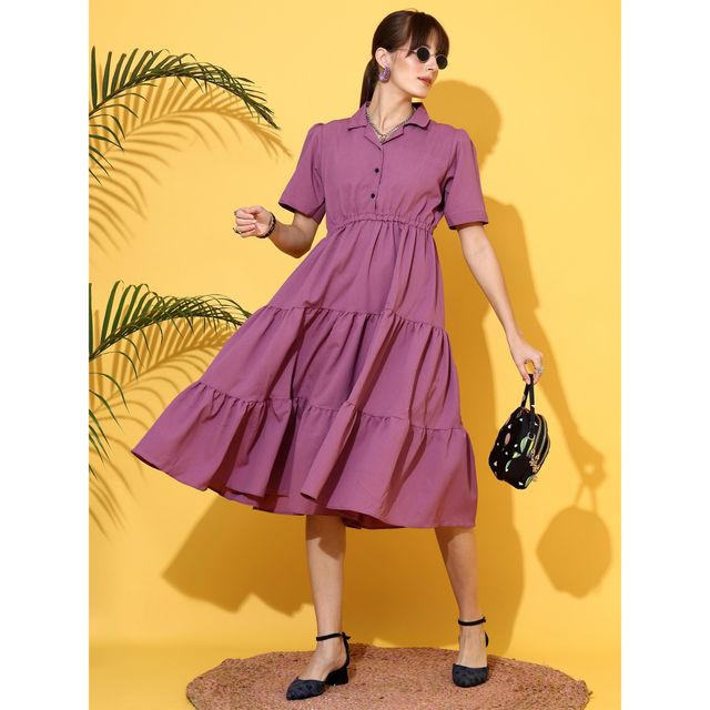 Sheetal Women's Purple Tiered Shirt Midi Dress | 11624 | Purple - S