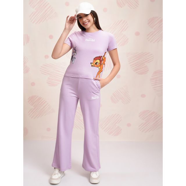 Tokyo Talkies Women's Disney Bambi Printed T-shirt with Trouser Sleepwear Set | Lavender - S