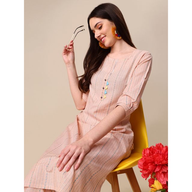 Youthnic Cotton Blend Women s Striped Work Straight Kurta With Pant | BT5 - - Rangsari Peach | M