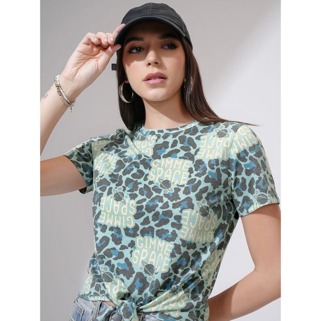 Tokyo Talkies Women's Multi Printed Cropped Front Tie Up T-shirt | Teal - S