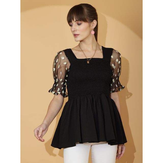 Sheetal Women's Self Design Gathered Top | 5171 | Black - S