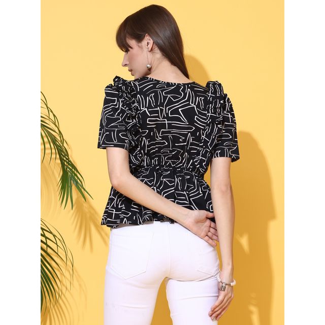 Sheetal Women's Printed Puff Sleeve Peplum Crepe Top | 5211 | Black - XL