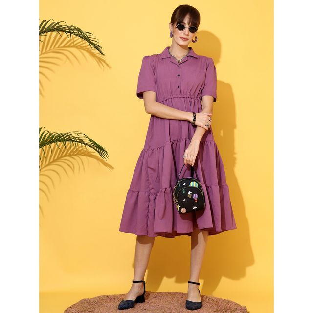 Sheetal Women's Purple Tiered Shirt Midi Dress | 11624 | Purple - S