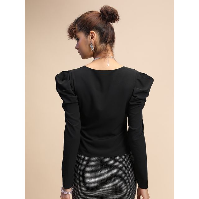 Tokyo Talkies Women's Sweetheart Neck Puff Sleeve Regular Top | Black - M