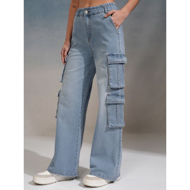 Tokyo Talkies Women's Straight Fit Cargo Jeans | Blue - 34