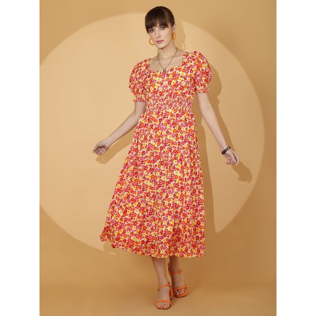 Sheetal Women's Floral Puff Sleeve Crepe Fit & Flare Midi Dress | 11614 | Multicolor - M