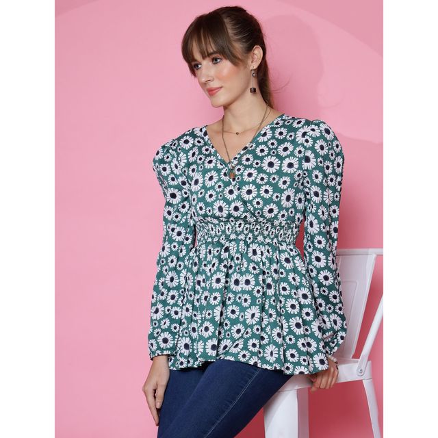 Sheetal Women's Puff Sleeves Floral Printed Multicolor Top | 5112 | Turquoise - XL
