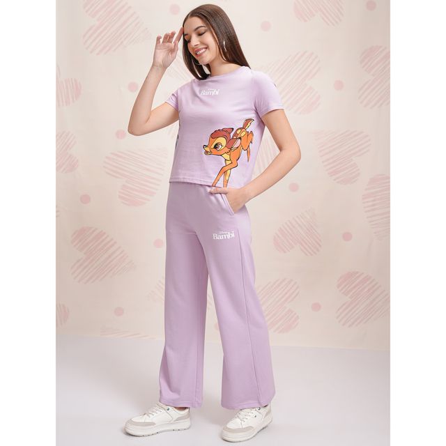 Tokyo Talkies Women's Disney Bambi Printed T-shirt with Trouser Sleepwear Set | Lavender - S