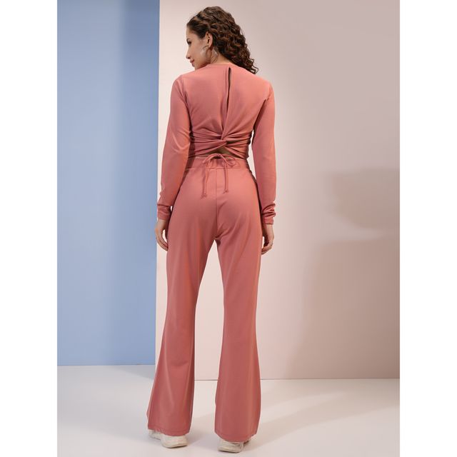 Tokyo Talkies Women's Twisted Back Crop Top and Trouser Set | Dusty Pink - L