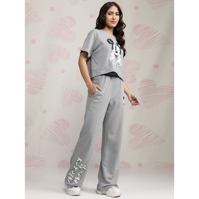Tokyo Talkies Women's Disney Mickey Mouse Printed Sleepwear Co-ord Set | Grey - S