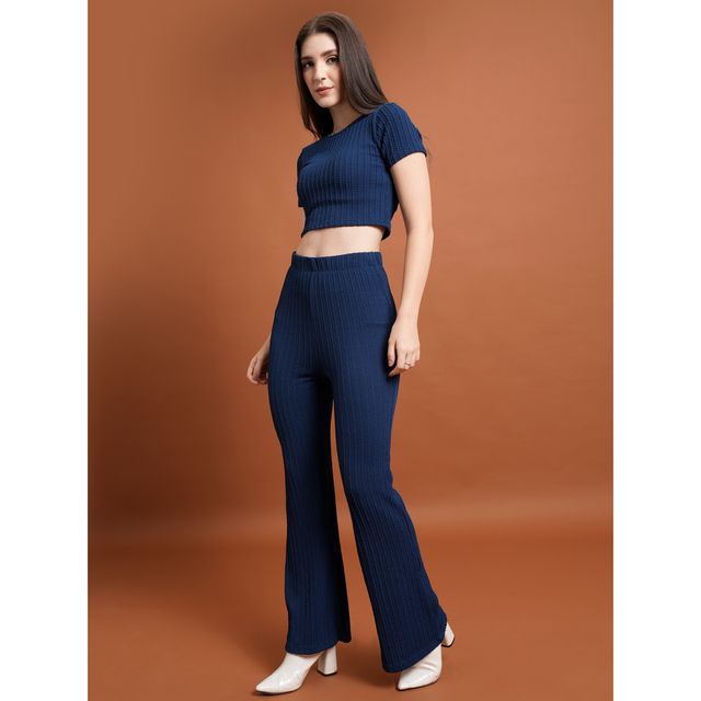 Tokyo Talkies Women's Round Neck Crop Top & Flared Trouser | Navy - M