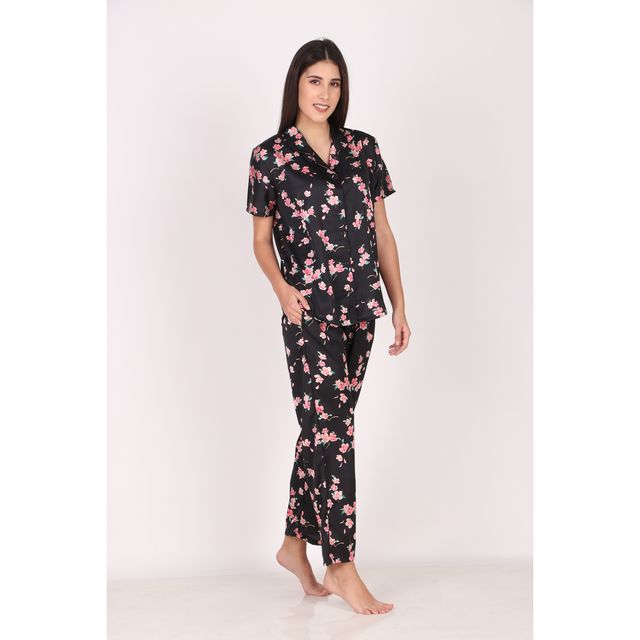 Masha Women's Spring Flower Black Satin Pajamas | Set | M