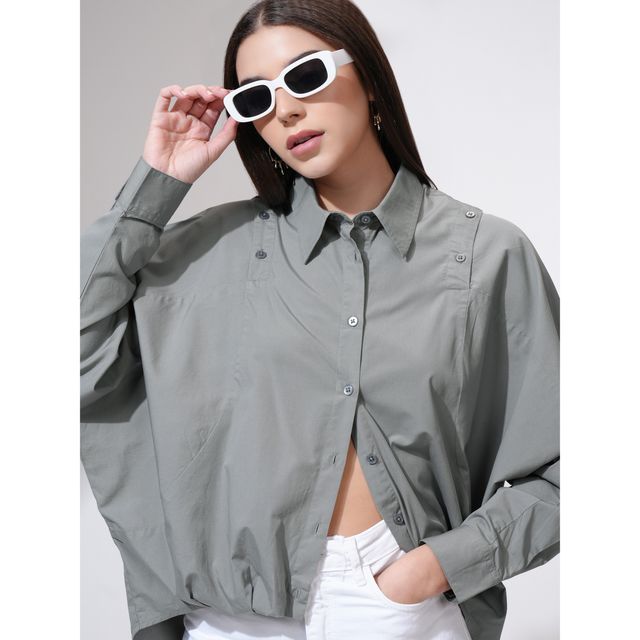 Tokyo Talkies Women's Solid Dropshoulder Oversized Fit Shirt | Grey - M