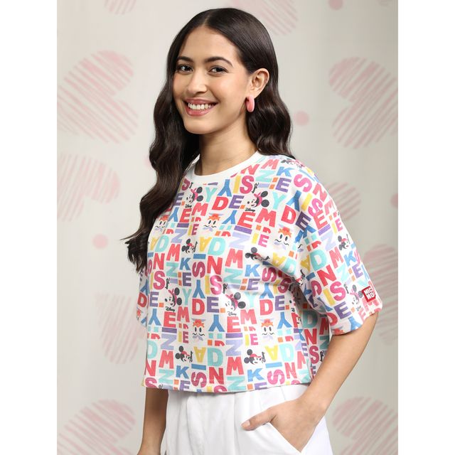 Tokyo Talkies Women's Disney Mickey & Friends Print Boxy Crop T-shirt | White - S
