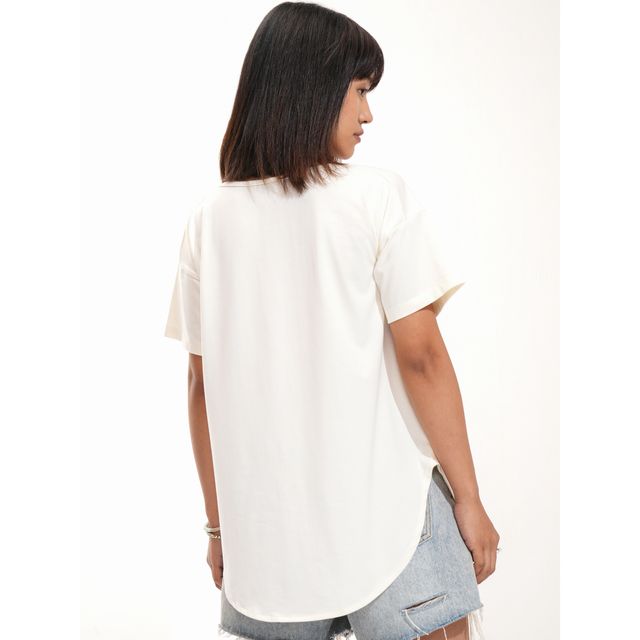 Tokyo Talkies Women's Off White Half Sleeve Long Round Neck T Shirt | White - XL