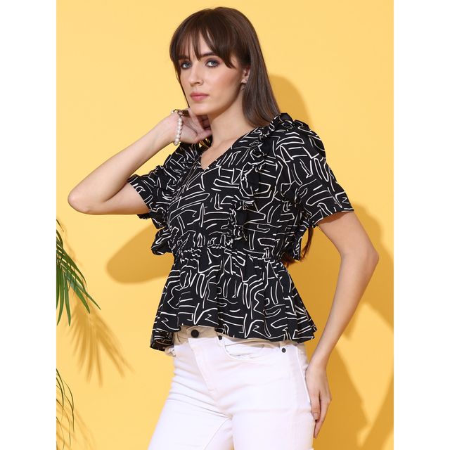 Sheetal Women's Printed Puff Sleeve Peplum Crepe Top | 5211 | Black - XL